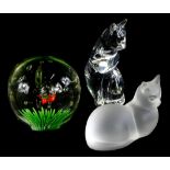 A Lenox crystal glass seated cat, dated 1993, a Lenox matt finish glass seated cat, and a glass