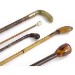 A collection of walking sticks and canes, to include an example with a simulated horn handle and