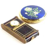 An unusual compact cigarette case and clock, with simulated tortoise shell and brass effect case,