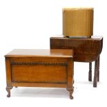 Three items of furniture, to include an oak blanket box on cabriole legs, a drop leaf table, and a