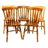 An associated set of five ash beech and elm lathe back kitchen chairs, each on turned legs with H