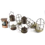 A collection of ships brass and glass light fittings, (2, 1 with wall bracket), two lanterns (1