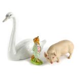 A Lladro porcelain model of a Swan, 21cm high, an Aynsley bisque porcelain pig and a Beswick Beatrix
