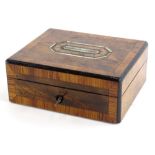 A Victorian walnut and kingwood crossbanded box, with a hinged lid engraved in mother of pearl