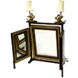 An unusual mahogany parcel gilt and painted triple mirror, with applied gilt metal dragon light