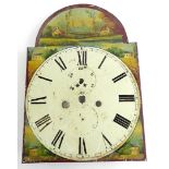 A 19thC arched clock dial, painted with buildings within landscapes, etc., for an eight day