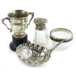 A collection of small silver mounted items, to include a two handled trophy, a Dutch spoon (AF), a