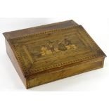 A late 19thC/ early 20thC Sorrento table top writing box, inlaid with musicians and dancers within