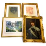 J Paige. Country house garden, watercolour, indistinctly signed, two Burne-Jones prints, and a