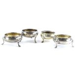Four 19thC silver salts, each of circular form on cabriole legs with moulded feet, various dates,