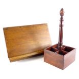 An oak cookery book stand, of plain form, 45cm wide, and a mahogany four division wine bottle
