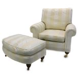 A Duresta armchair, upholstered in cream satin finish striped fabric, and a matching footstool, each