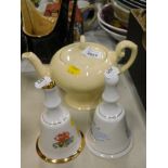 A Myott teapot and two commemorative hand bells.