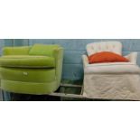 A lime green upholstered tub chair and a cream chair, with damask material. The upholstery in this