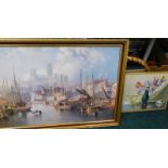 An oval gilt wall mirror, a still life print signed Philippe and a print of the Brayford, Lincoln,