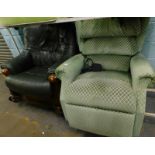 An electric reclining chair, in green and cream geometric pattern, and a green leatherette