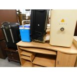 A Stag style low cabinet, modern computer desk, Samsonite suitcase, cool box, etc. (a quantity).