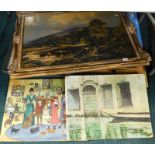 Miscellaneous pictures and prints, to include a river landscape with decorative gilt frame, an oil