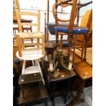 A collection of furniture, to include an oak drop leaf table, a yew veneered drop leaf table, two