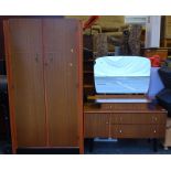 A teak mirror backed dressing table and a double wardrobe, painted cupboard, a storage box, a