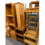Various furniture, to include a wicker side cabinet, pedestal cabinet, pine finish kitchen rack on