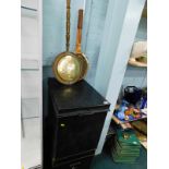 A black painted rectangular deed box, a black painted trunk, a copper and brass warming pan and
