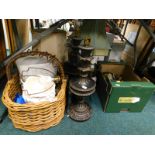 Various table lamp bases, CD's, wicker basket, etc.