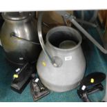 Two flat irons, shoe last, two aluminium churn type vessels etc.