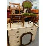 A white painted chest of two short and two long drawers, oak framed wall mirror, tripod table,