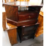 A Stag corner TV stand, Stag style glazed front cabinet, and an oak corner bookcase.