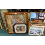 Miscellaneous pictures and prints, to include a machine woven tapestry, various floral items etc. (