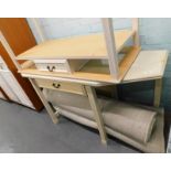 An Ercol type foldover top side or dining table, a matching coffee table etc cream side table, two