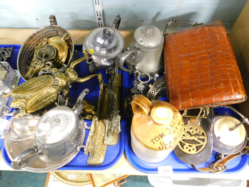 A large quantity of metalware, to include a brass boot jack, plated teapots, a stoneware jug stamped