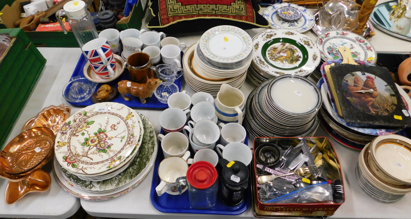 Loose flatware, jelly moulds, Corgi figure, dinner plates, etc. (a quantity).