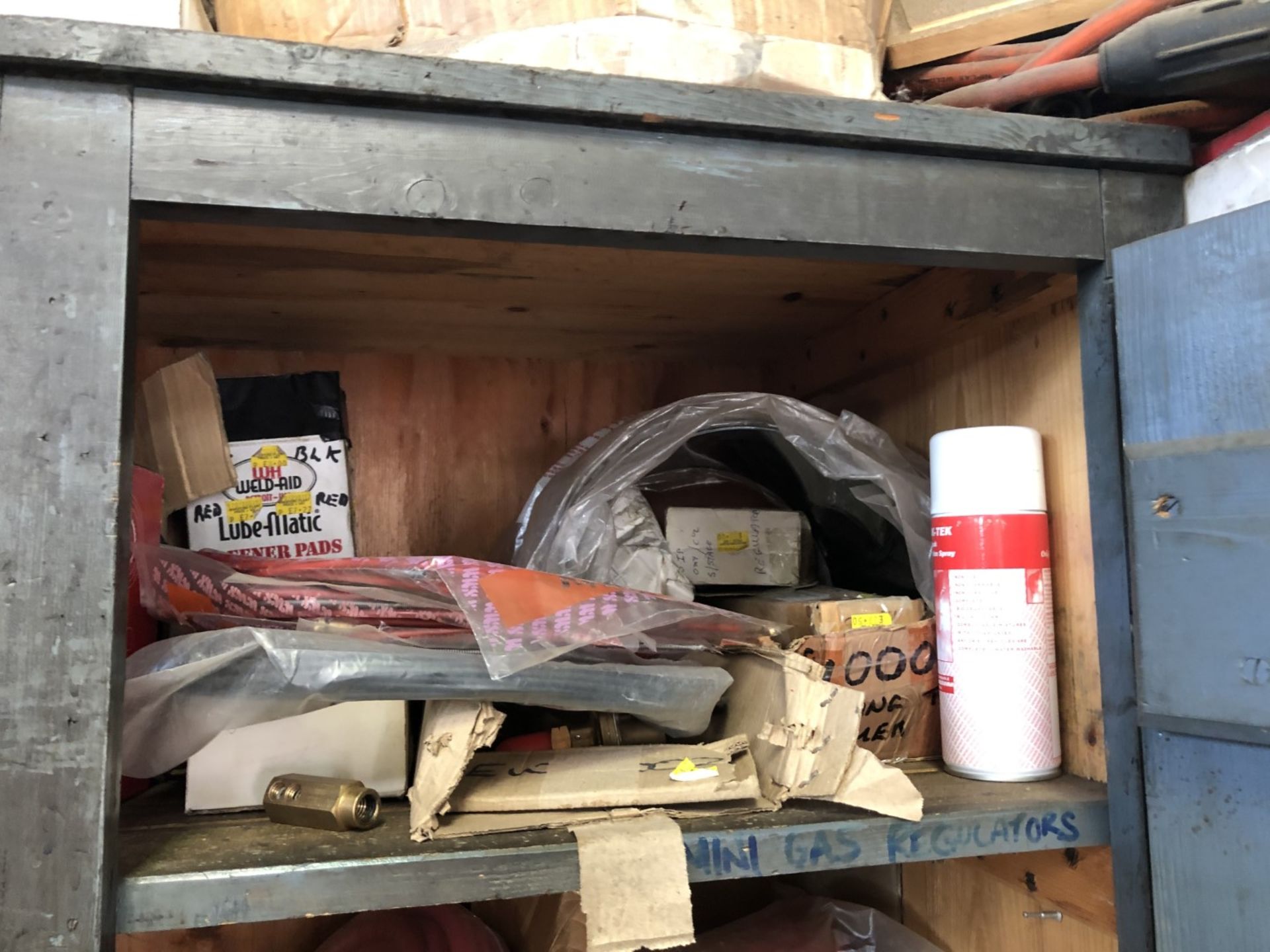 Metal & blue wooden cabinet and contents of welding supplies and miscellaneous - Image 5 of 9