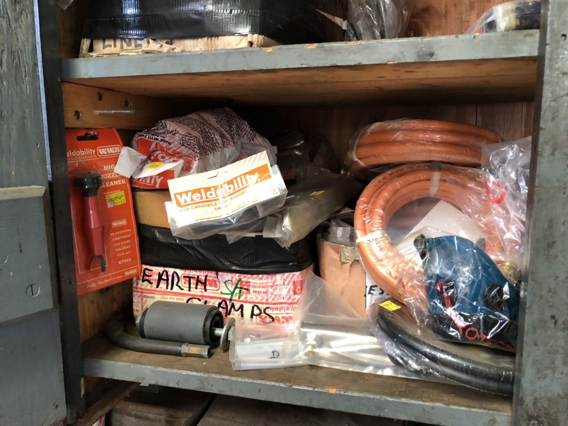 Metal & blue wooden cabinet and contents of welding supplies and miscellaneous - Image 8 of 9