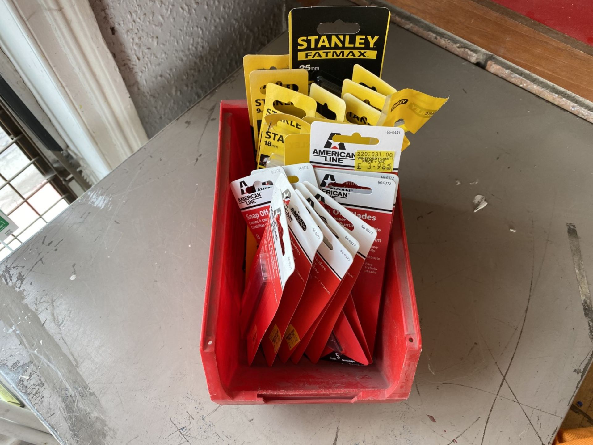 Storage bin and contents including NEW Stanley blades etc.