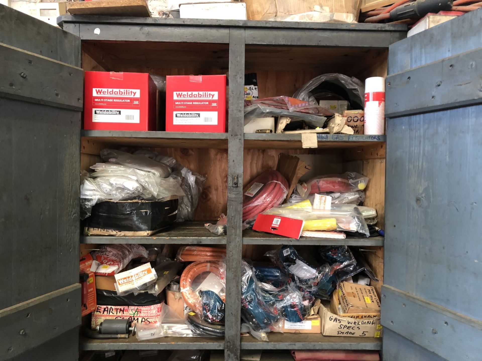 Metal & blue wooden cabinet and contents of welding supplies and miscellaneous - Image 3 of 9