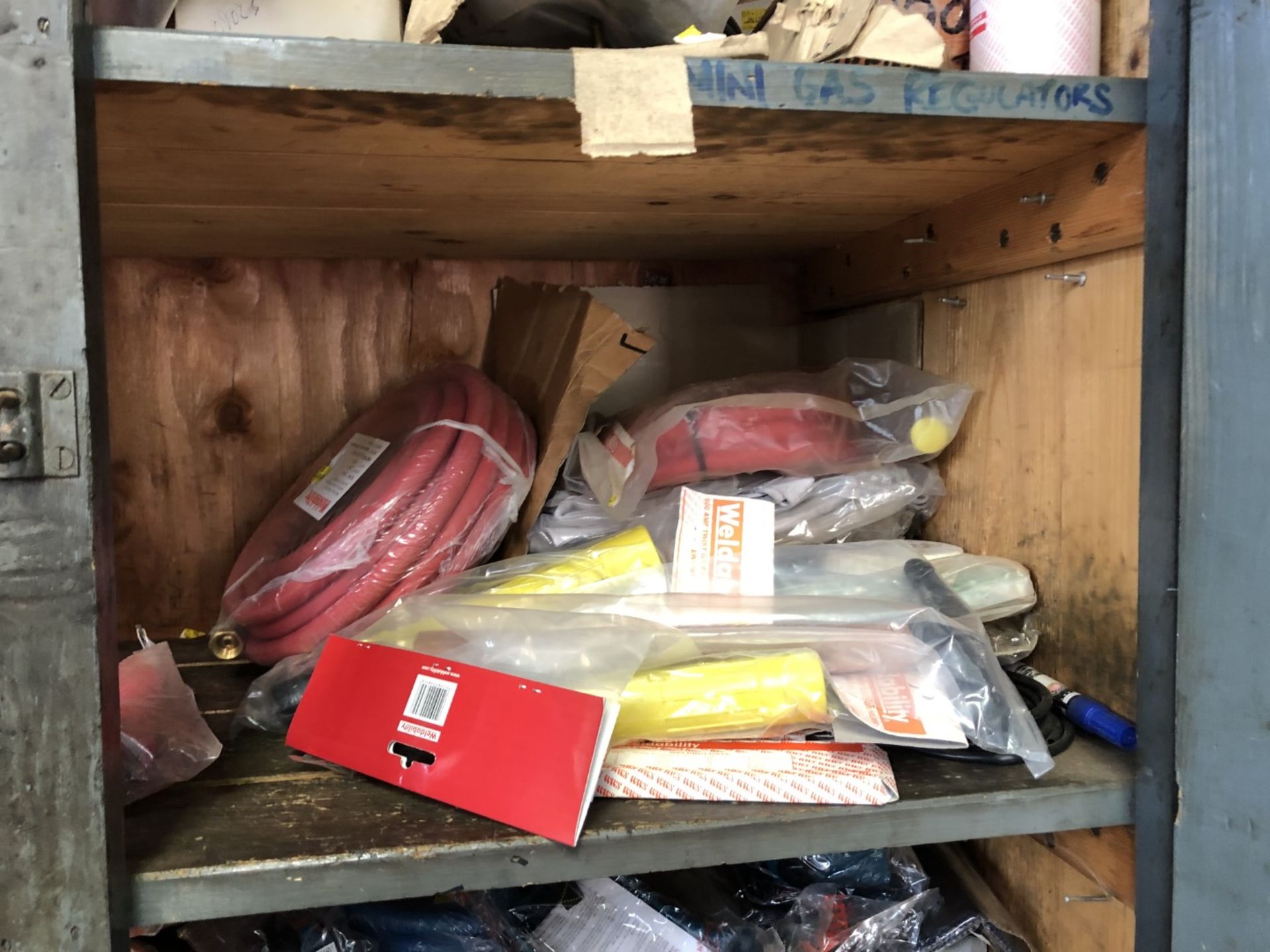 Metal & blue wooden cabinet and contents of welding supplies and miscellaneous - Image 6 of 9