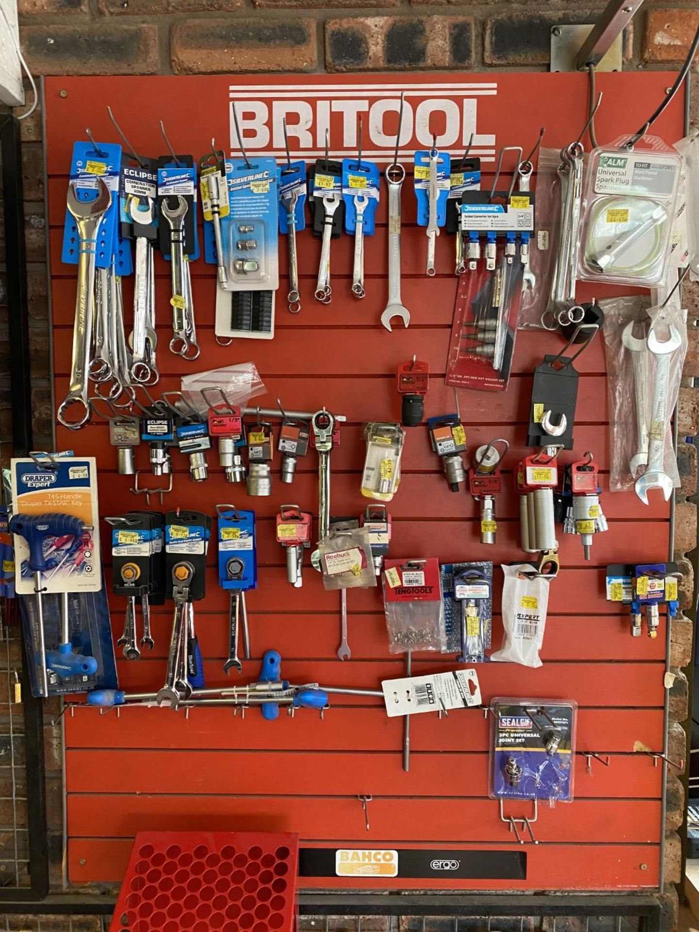 Britool wall display and contents including spanners etc.
