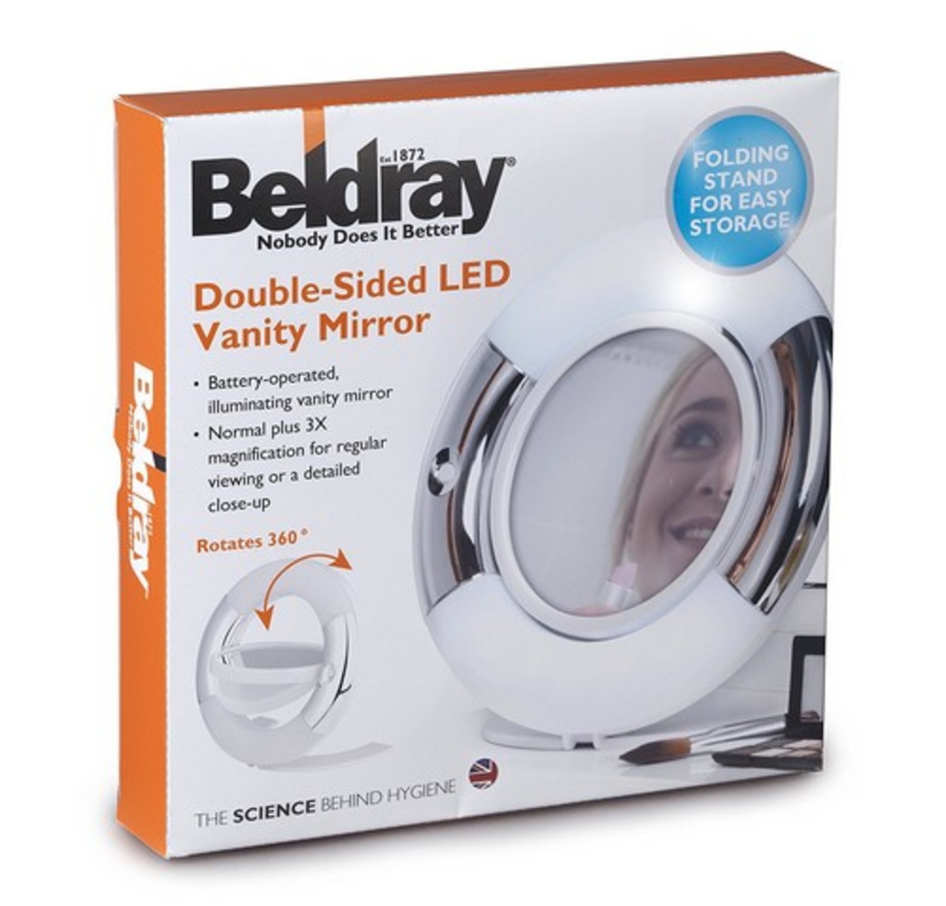 V Brand New Beldray Double-Sided LED Vanity Mirror - 360 Degree Rotation - Easy Folding Stand -