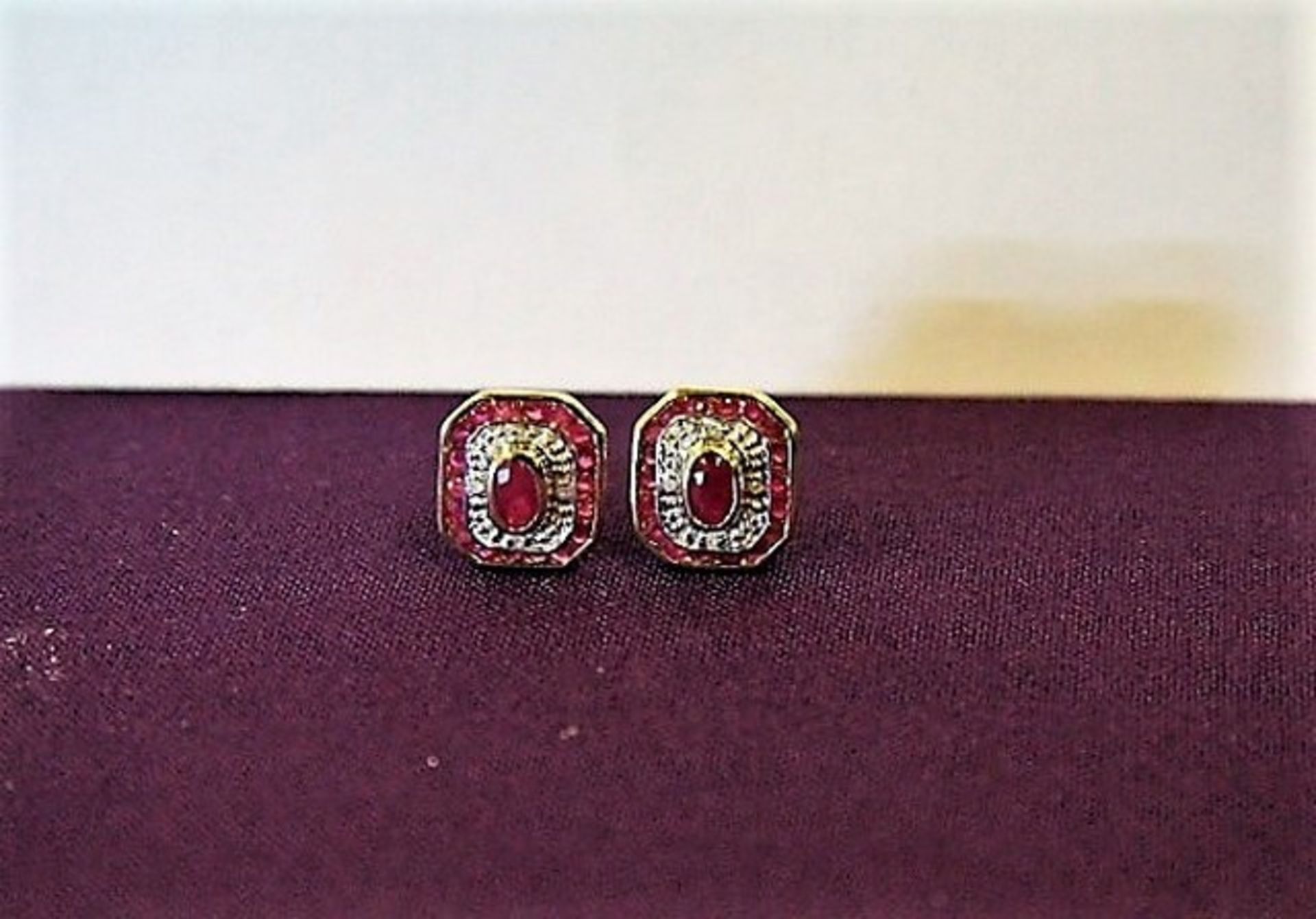 Brand New Pair Gold Ruby & Diamond Square Earrings