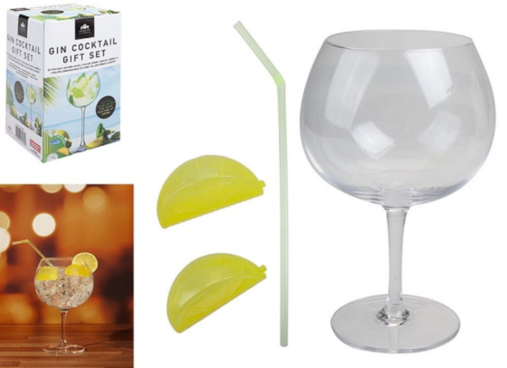 V Brand New Kensington Gin Cocktail Gift Set Includes Gin Bowl Glass-Straw-Two Lemon Reusable Ice