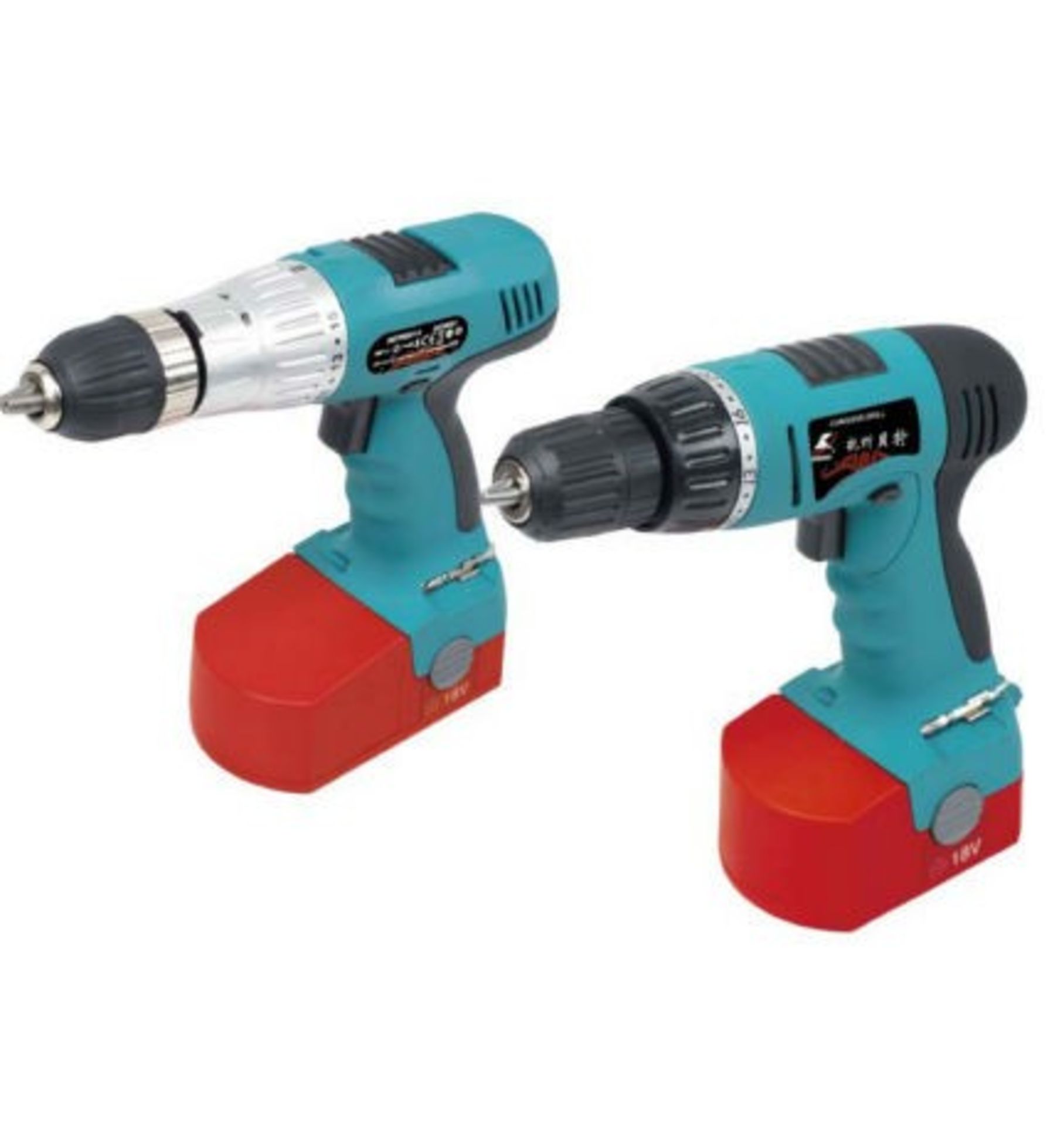 V Brand New 18V Twin Drill Kit with Hammer Action and Torque Adjustment - with 15 Asssorted Drill