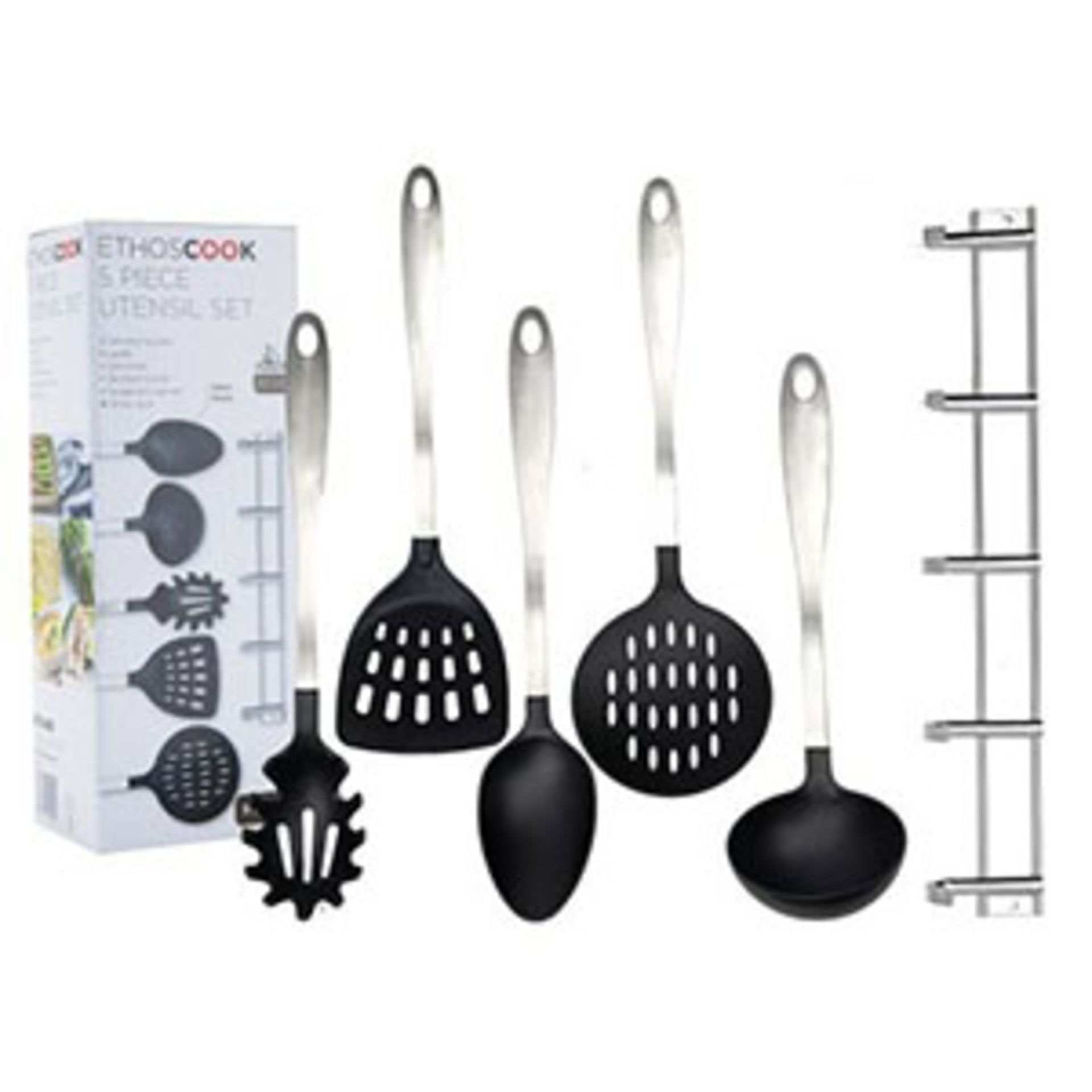 V Brand New Ethos Cook 5 Piece Utensil Set Plus Wire Rack For Wall Mounting - Nylon Heads - Ideal
