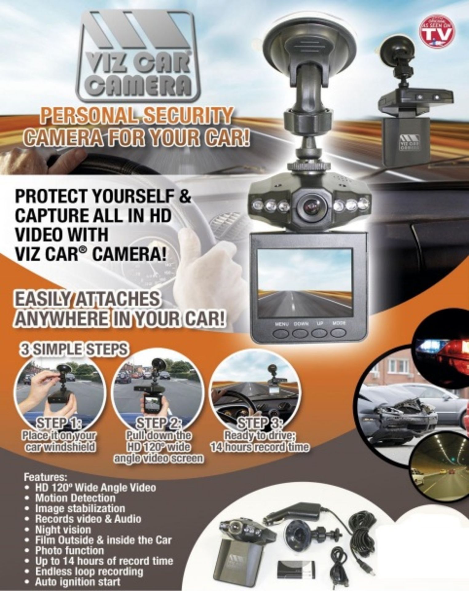 V Brand New Viz Car Dashcam 1080p HD - RRP £59.99 - With Charging Cable And Windscreen Holder