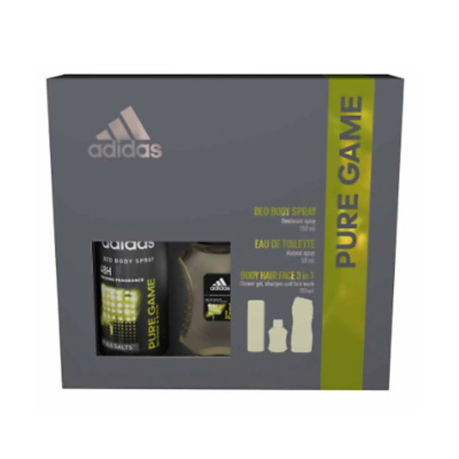 V Brand New Adidas Pure Game 50ml EDT+150ml Deo Spray+250ml Shower Gel