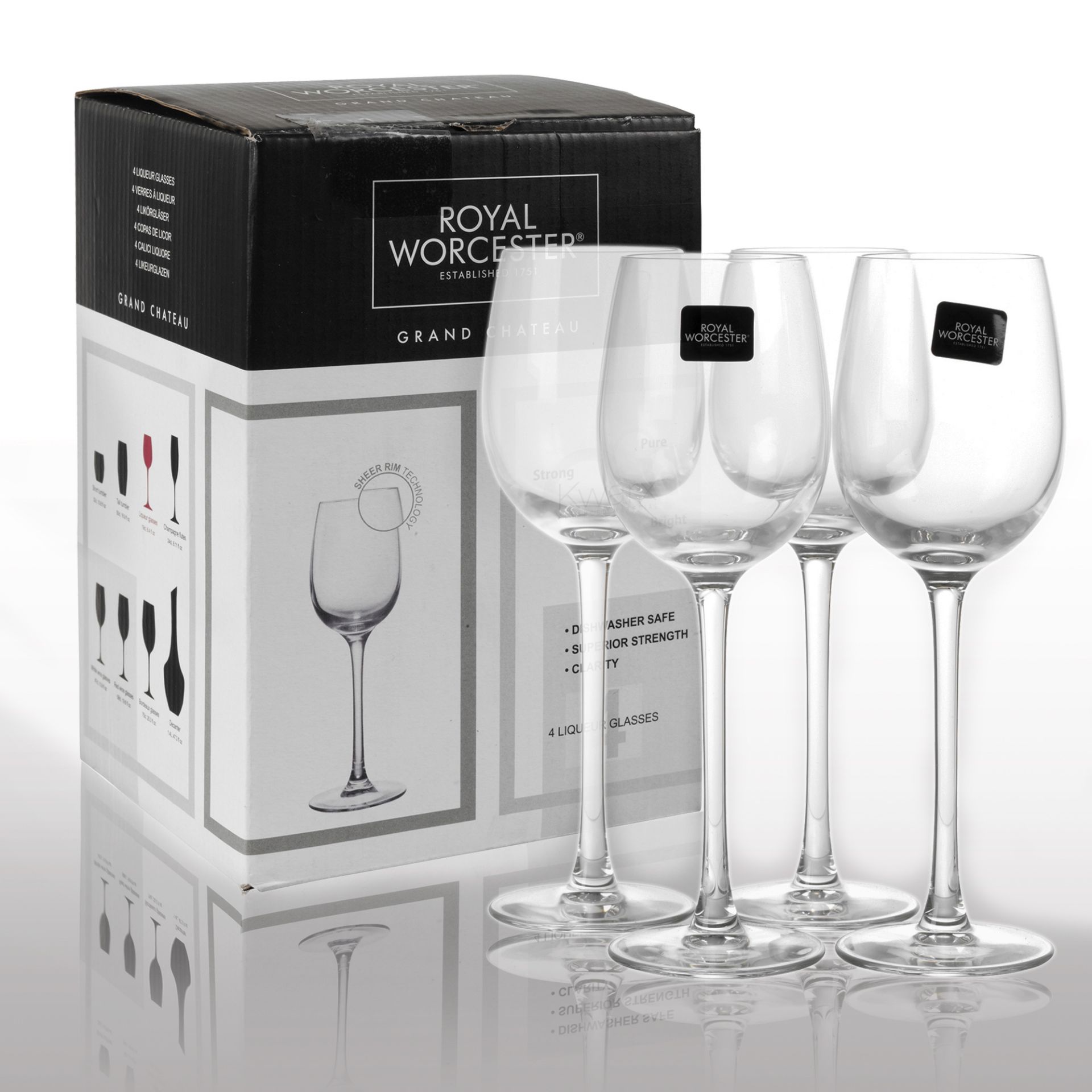 V Brand New Royal Worcester Set Of 4 Liqueur Glasses - 19cl, 6.4fl Oz - Dishwasher Safe