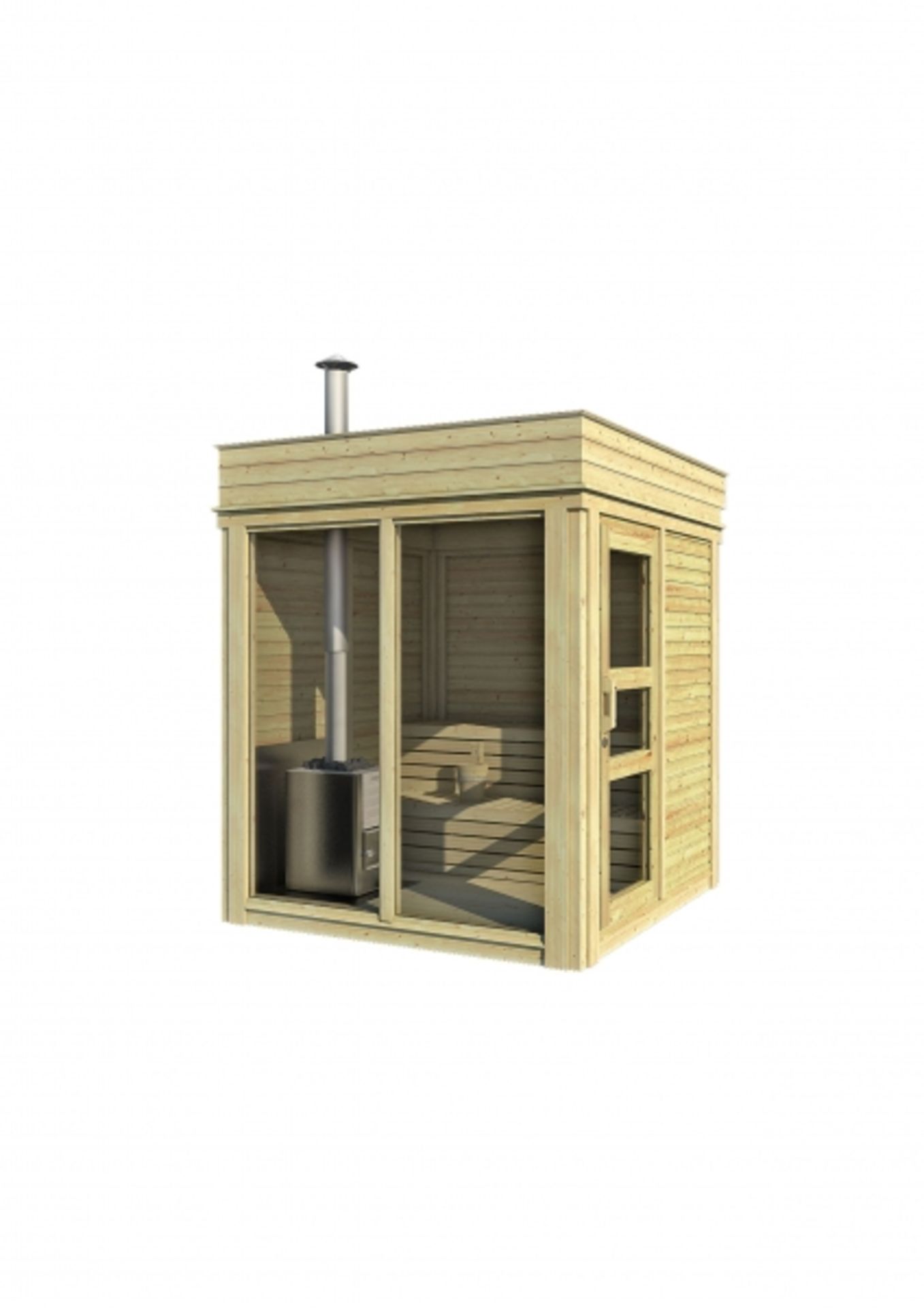V Brand New 2 x 2m Sauna Cube - Made From Spruce Wood - Roof Covered With Black Bitumen Weld