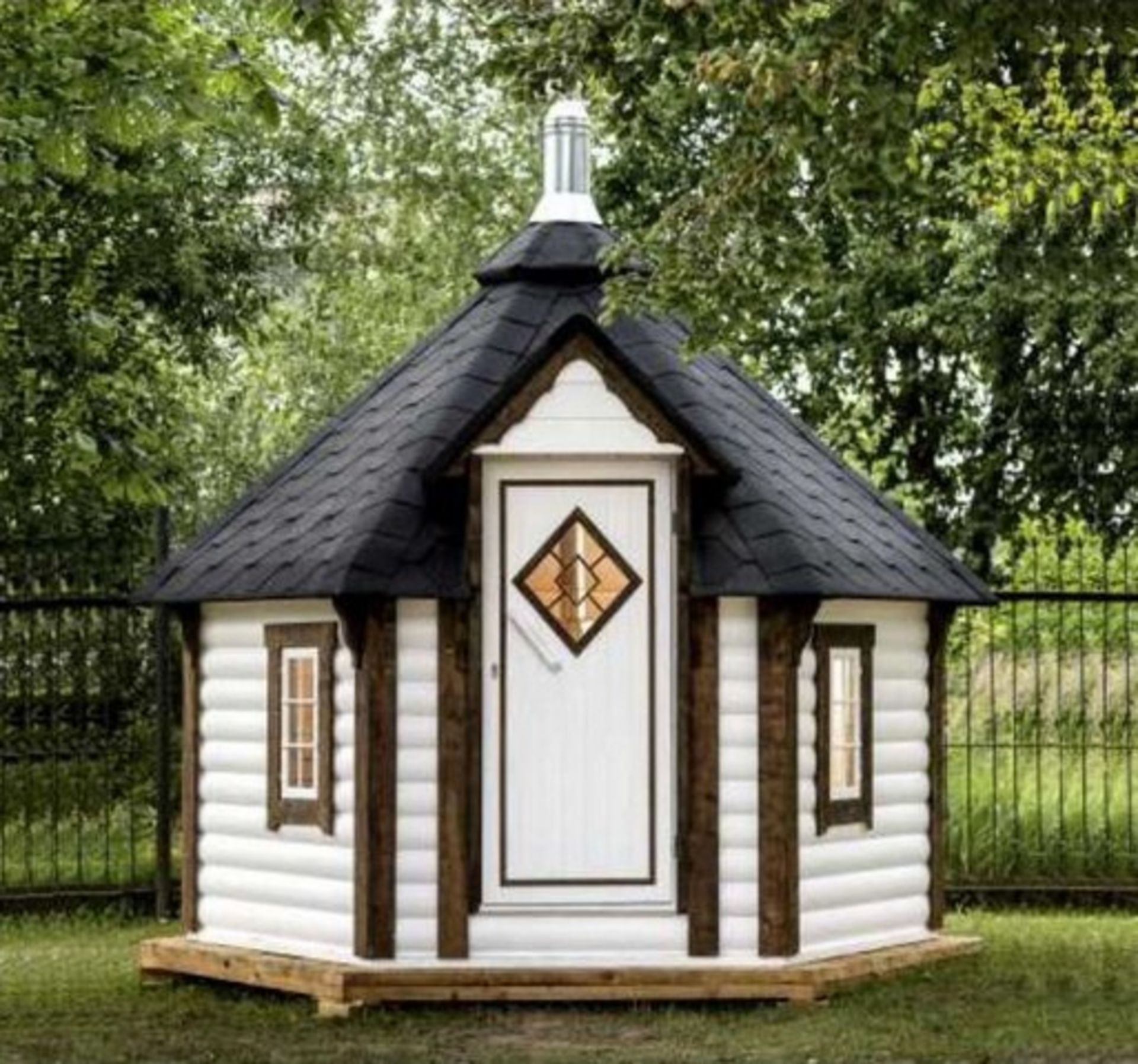 V Brand New 7m Sq Sauna Cabin - Roof Covered With Bitumen Shingles - Two Double Glass Windows -